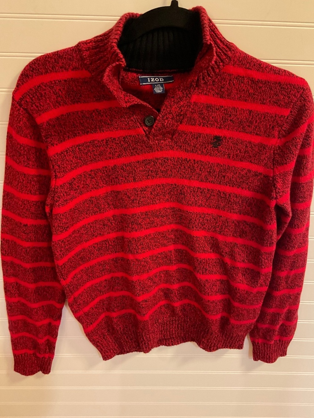 IZOD Boys Red Black Striped Knit Quarter Button Sweater Size: L 14/16  Pre Owned